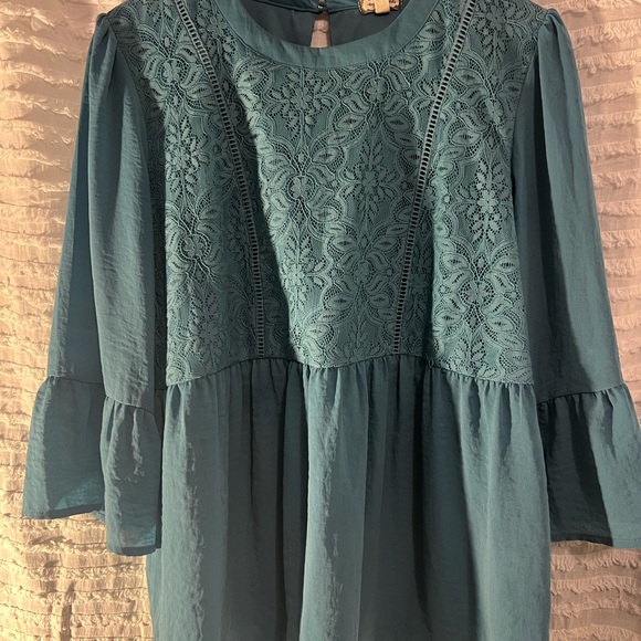 Teal Lace Peplum blouse with drop waist. Versatile top for fall or year round. - Picture 2 of 8